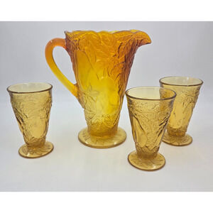 Tiara Indiana Glass Golden Honey Sweet Pear Avocado Pitcher & 3 Tumblers Set